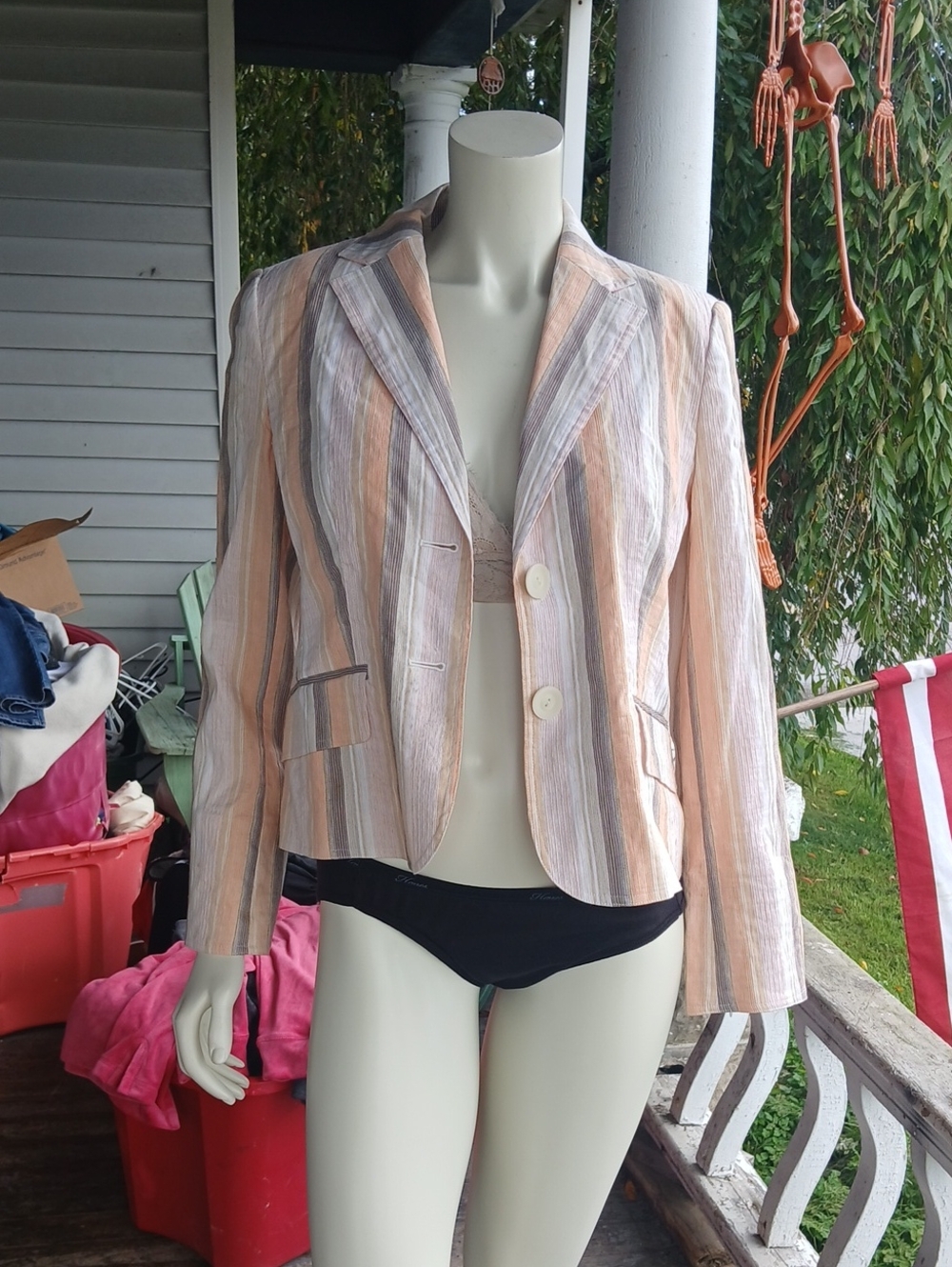 NWT Trousers Etc. LStriped Pastel Linen-Blend Women's Blazer - Peach/Gray